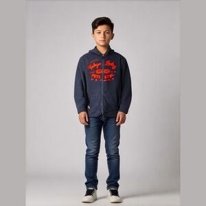 Tokyo Laundry Hoodie Navy Blue size L Embroidered Red Logo Red cuffed wrists hem